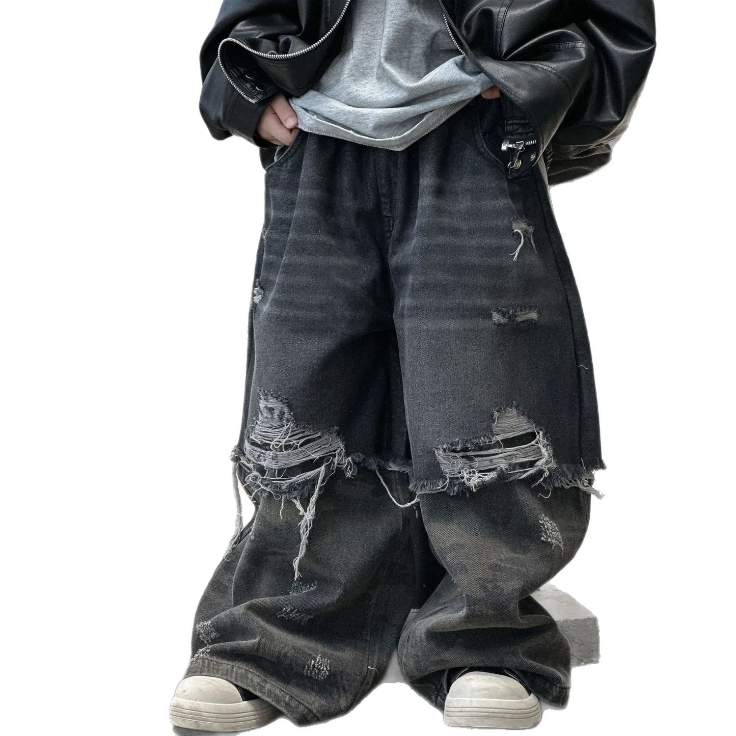 2025 New Boys' Cool Ripped Jeans Wide-leg Trousers American Retro Children's Trousers