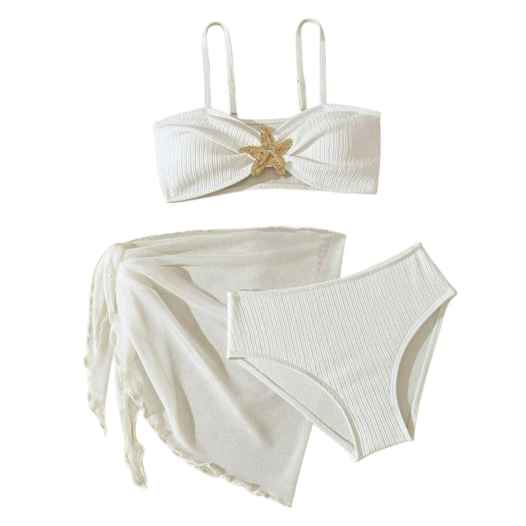 Teen Girl's Swimsuit 3pcs Bikini Set Bathing Suit for Girls 7-16 Years Thin Straps Summer Outfits Beach Swimwear Soild Color