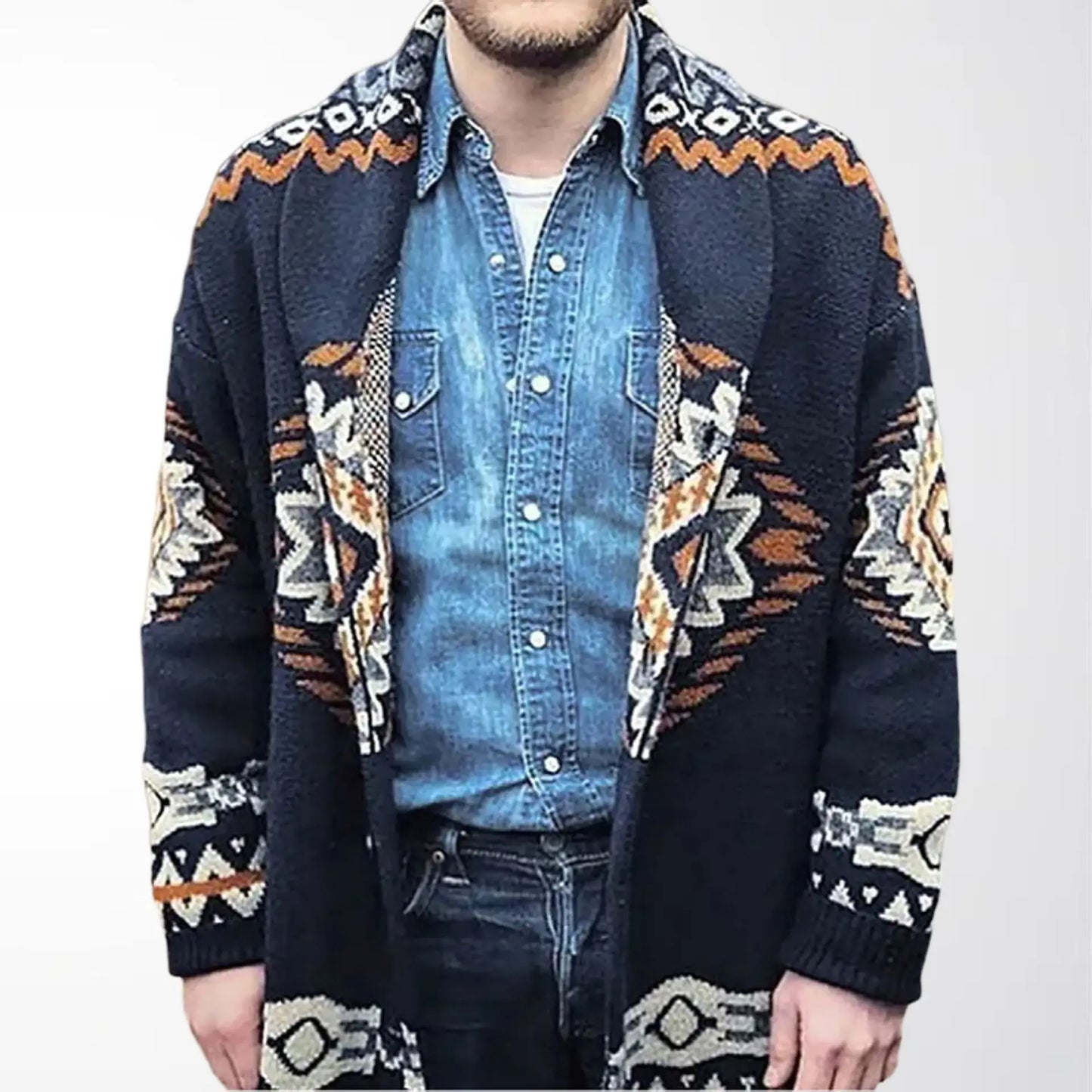 Men Sweaters Vintage Striped Thicken Knitted Buttons Lace-up Cardigan Sweaters Fashion Jacquard Mid-length Sweater Coats for Men