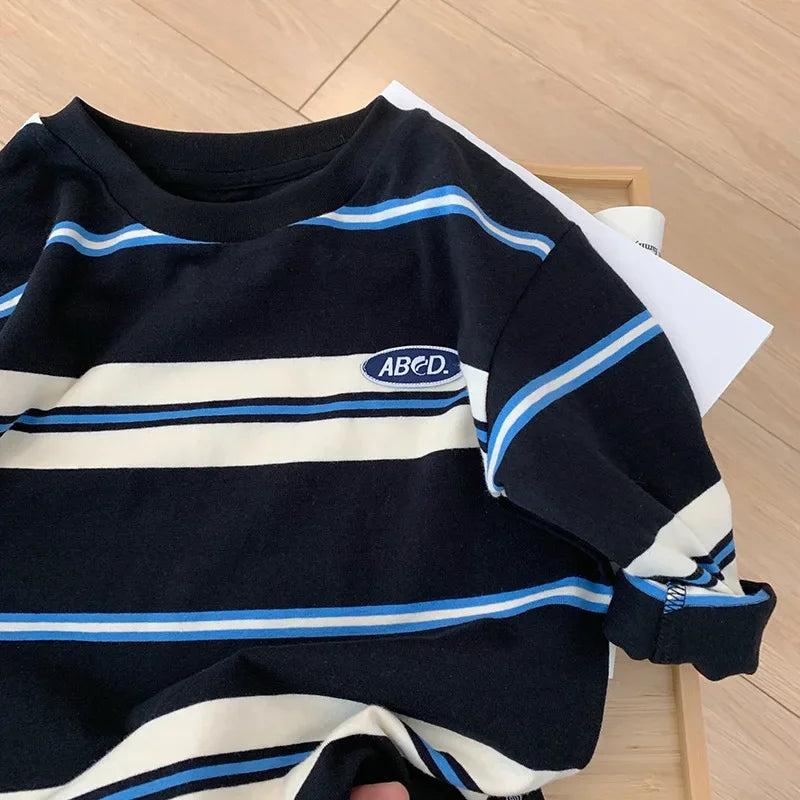 Children Girls Long Sleeves Shirts 2-7 years Bottoming Cool Boys Stripe Cotton T-shirt Teen Loose Casual 2-7y Kids Top Clothes