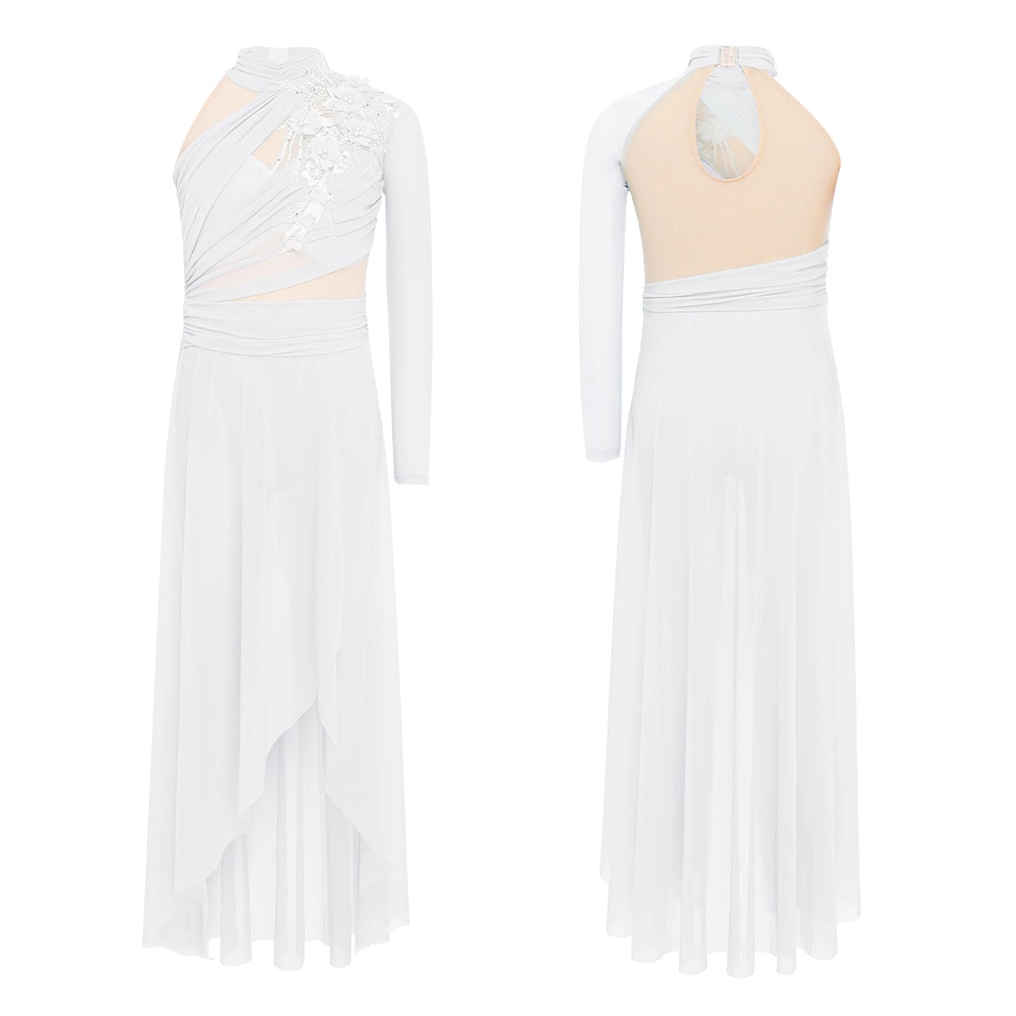 Kids Girls Modern Lyrical Dance Dresses Delicate Applique Keyhole Back Side Split Irregular Hem Asymmetrical Ruched Mesh Dress