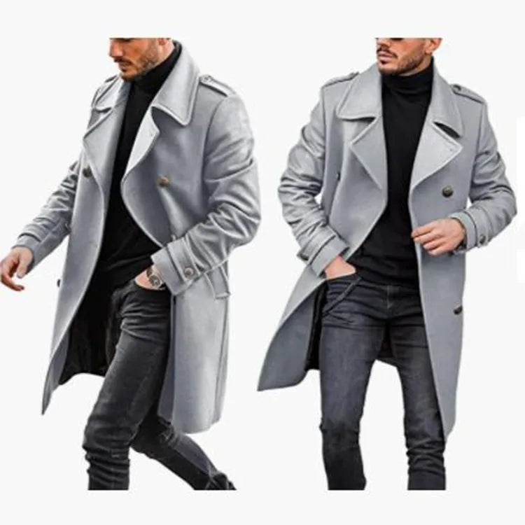 New Men's Woolen Coats Fashion Double-breasted Lapel Mid-length Jacket Solid Thicken Warm Overcoat Autumn Winter Men Trench Coat