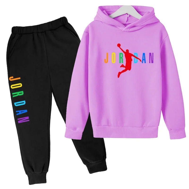 Children Sports Coat 3-13 Years Hoodie Basketball Letter Print Boys Sweatshirt Girls Toddler Top + Trousers 2P Stylish Casual Se