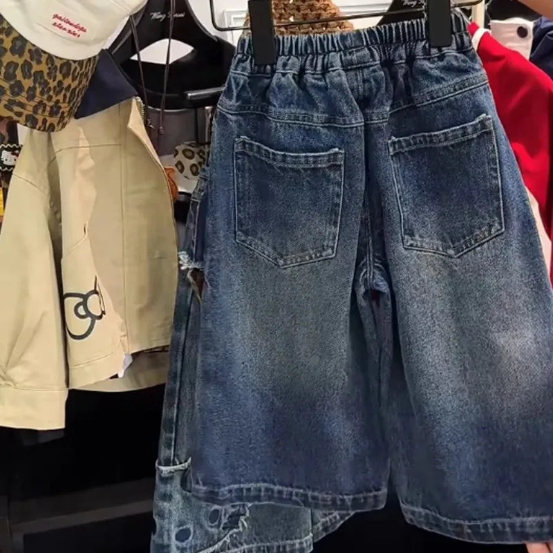 Girls' Pants Autumn 2025 New Style Children's Fashionable Splicing Denim Wide Leg Baby Loose and Versatile Skirt Pants Trend