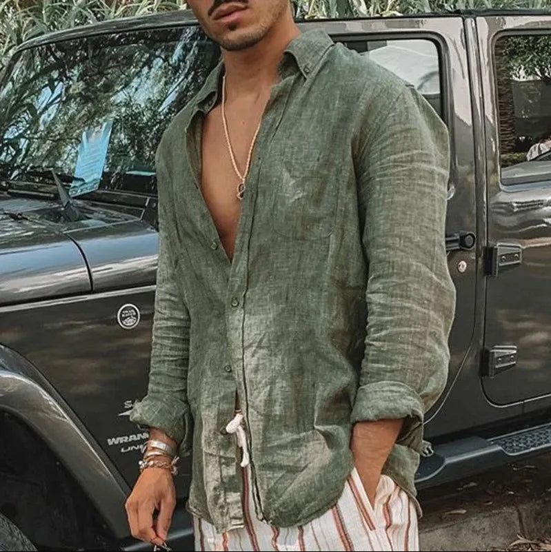 Beach Shirt Men's Casual Shirt Long Sleeve Lapel Cardigan Solid Color Cotton Linen Shirt Men's Tops Light Breathable Streetwear