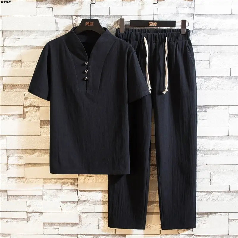 Chinese Style Summer Linen Suit Two-piece Set Men's Cotton Linen Short-sleeved T-shirt Loose Casual Pants