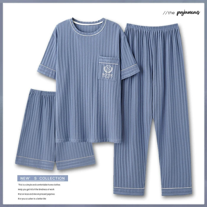 Men's Fashion Summer 3-Piece Pajamas Set Short Sleeve round Collar Cotton Homewear plus Size 5XL Shorts Loungewear Pijamas