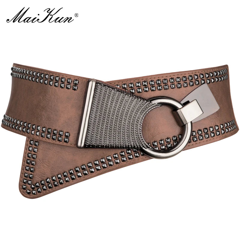Maikun Fashion Punk Rocker Wide Belts for Women Elastic Wide European Style Women Belts Metal Round Buckle