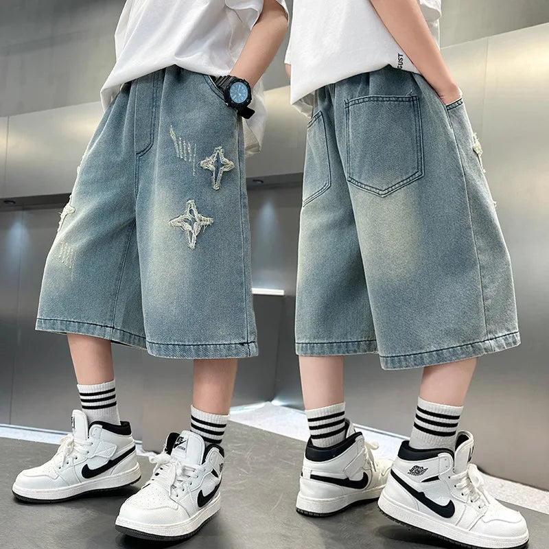 Boy Star Jeans 2025 Summer New Fashion Pocket Stretch Boys Denim Mid-Pants Childrens Boys Casual Cropped Pants 3-15 Years Old