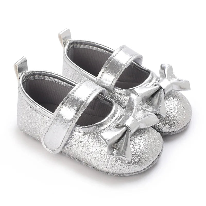 Cute Silver Gold Baby Girls Shoes Bow Princess Shoes PU Anti-slip Soft Sole Infant First Walkers Newborn Crib Baby Shoes