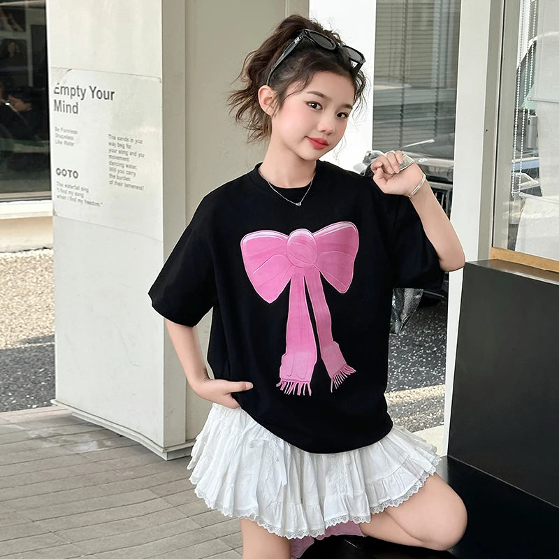 Girls Summer T-shirt Short Sleeve Fashion Design Casual Teenage Kids Tee Tops with Bow Children Short Sleeve Tshirt Clothing
