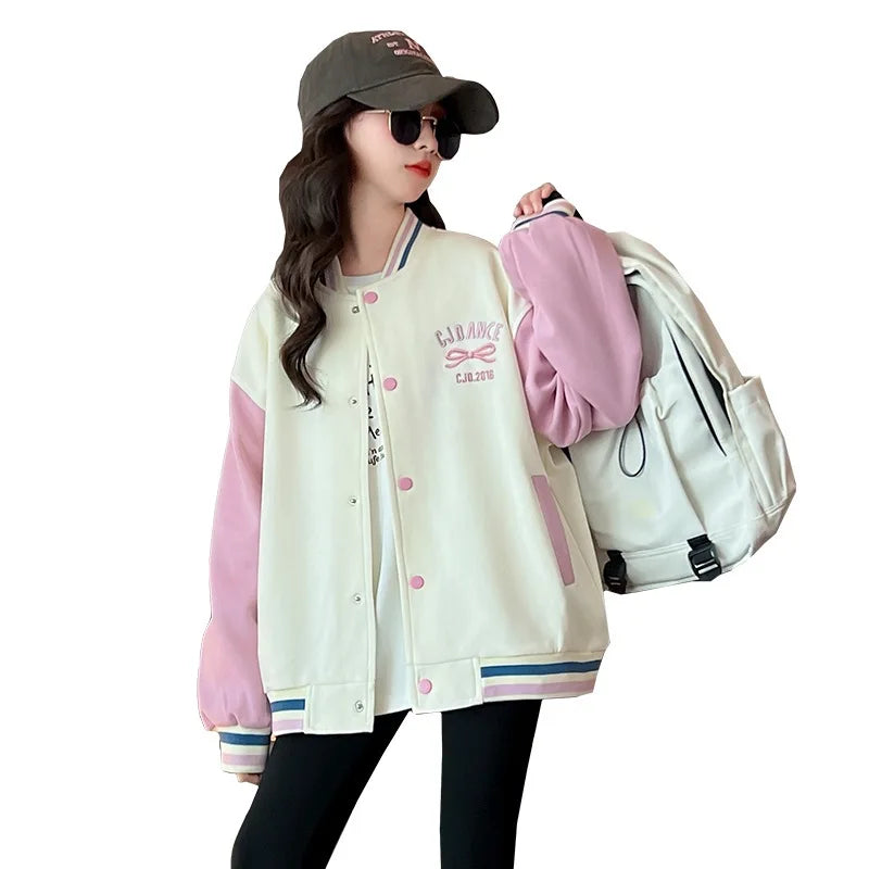 Girls Spring Autumn Jacket New Korean Style Front And Back Butterfly Knot Baseball Coat Teenage Children's Jacket