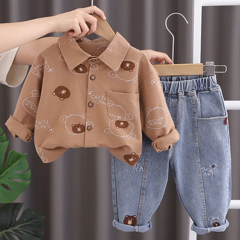 Baby Boys Fashion Clothing Set Autumn Spring New Full Print Cartoon Bear Long Sleeve Shirt+Jeans 2Pcs For 1-5Y Kids Casual Suit