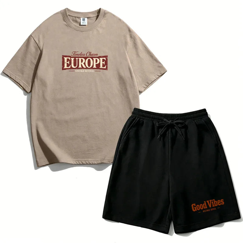 Teen Girls Clothing Set Summer Cotton Short Sleeve Top Shorts 2PCS Casual Europe Graphic Tee Distressed Print Clothes Set EU1