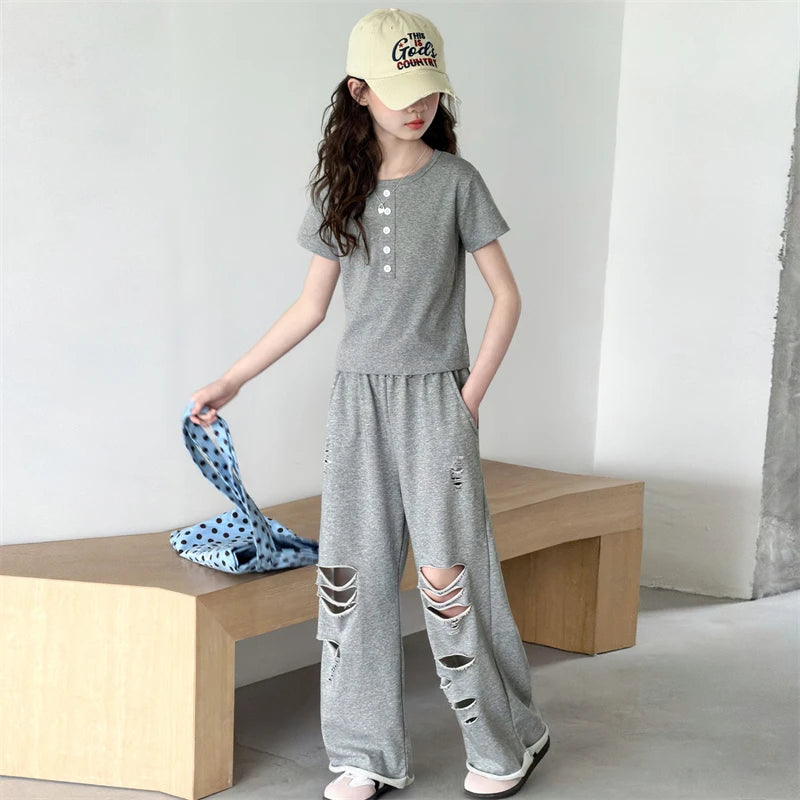 Teenage Girls Clothing Sets 2026 New Grey Fashion Short Sleeve Top+Hole Pants 2Pcs Summer Children Outfits for 5 To 14Years Old