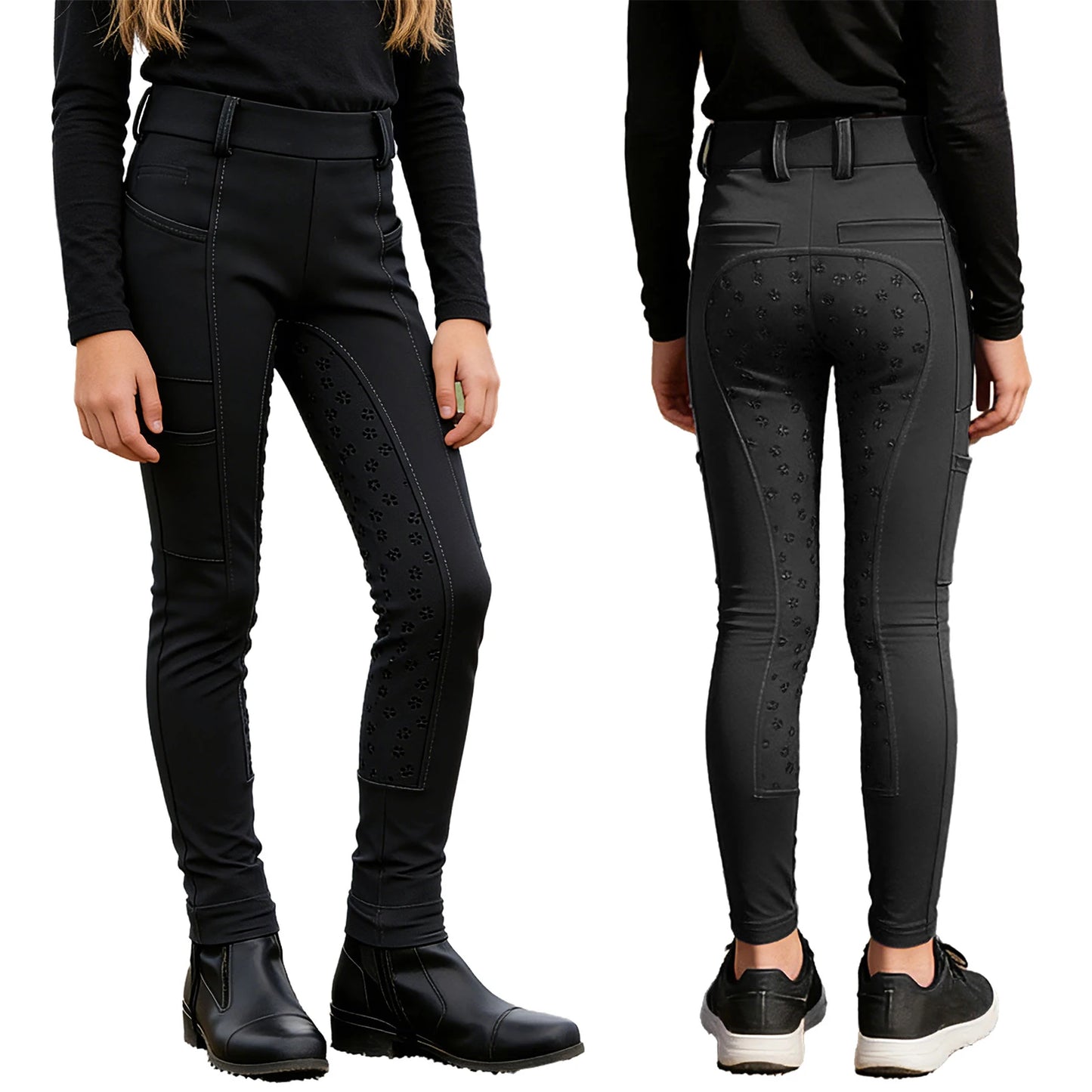 Girls Boys Riding Pants Golf Workout Clothes Sportswear Anti-slip Full Seat Equestrian Breeches Leggings with Multiple Pockets