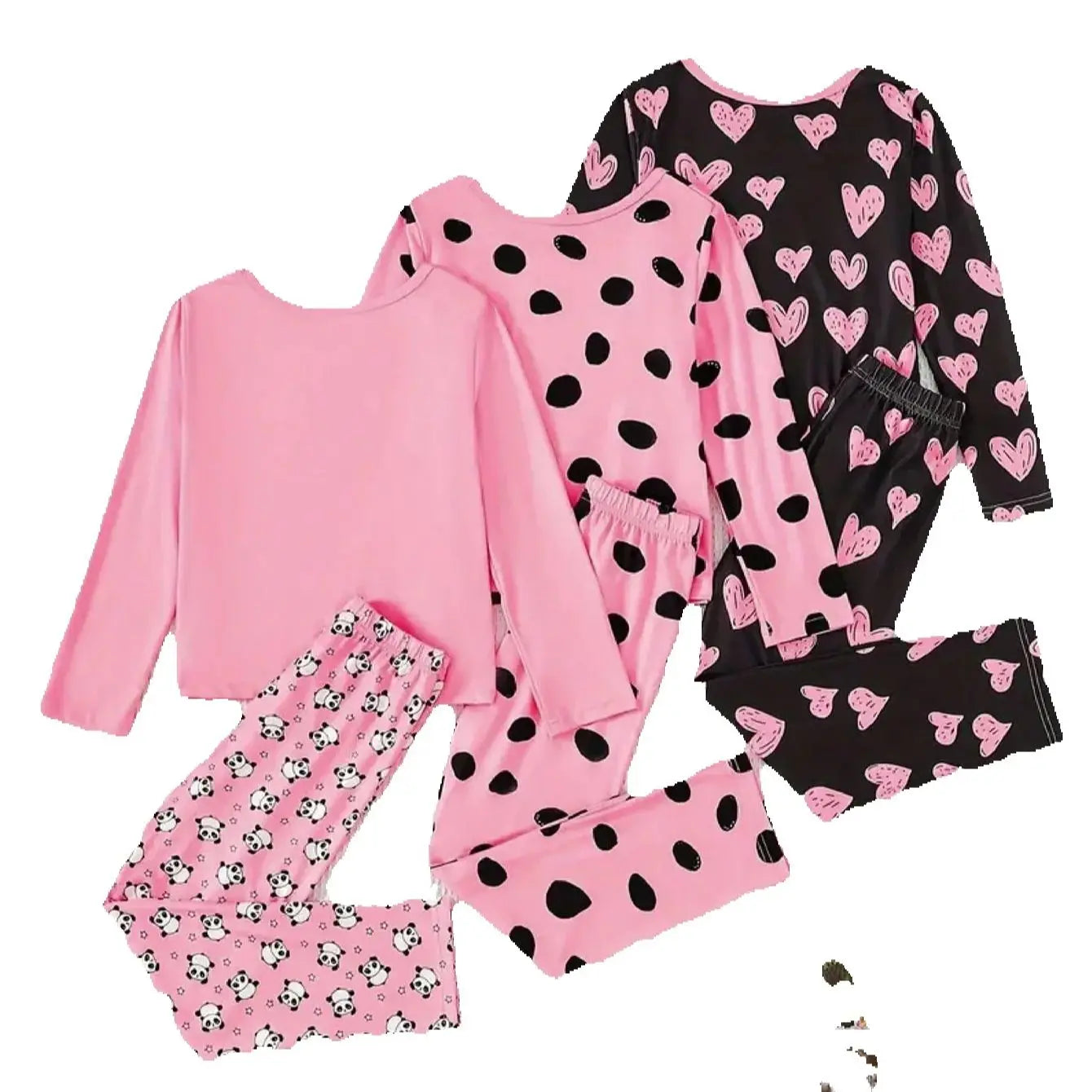 3-piece set of Big Girl casual pajamas, cute panda heart printed round neck long sleeved pants, trendy style