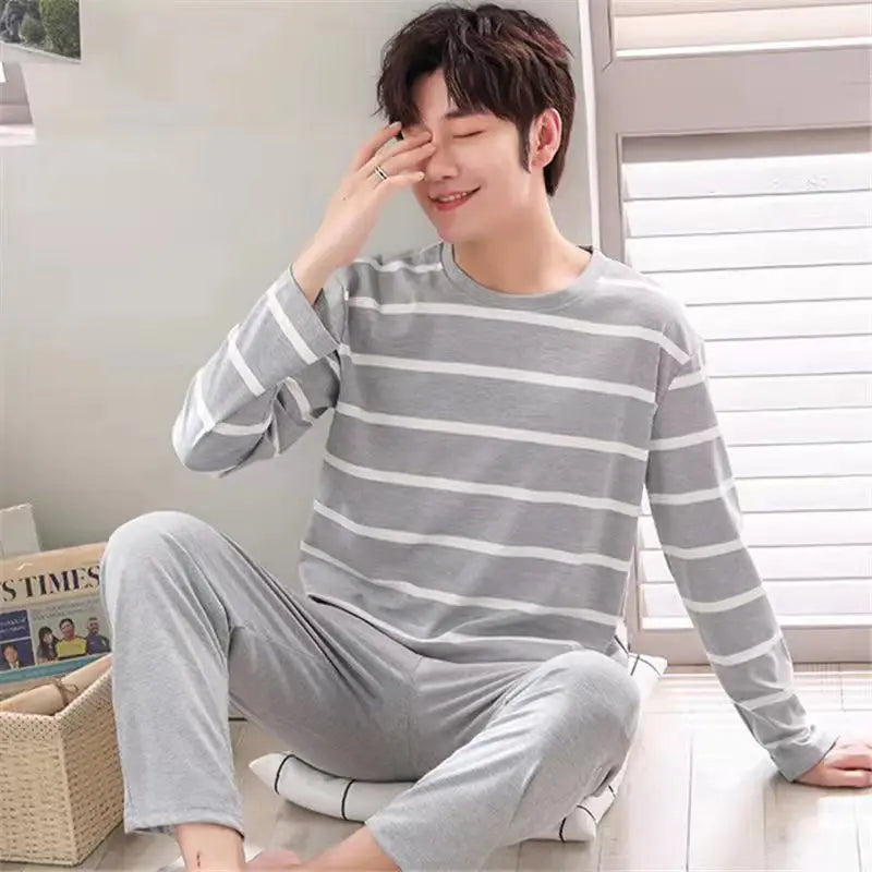 Men's Casual Pyjamas - Long-Sleeved Spring/Autumn Homewear Lightweight Pyjama Set for Young and Middle-Aged Men in Autumn/Winter