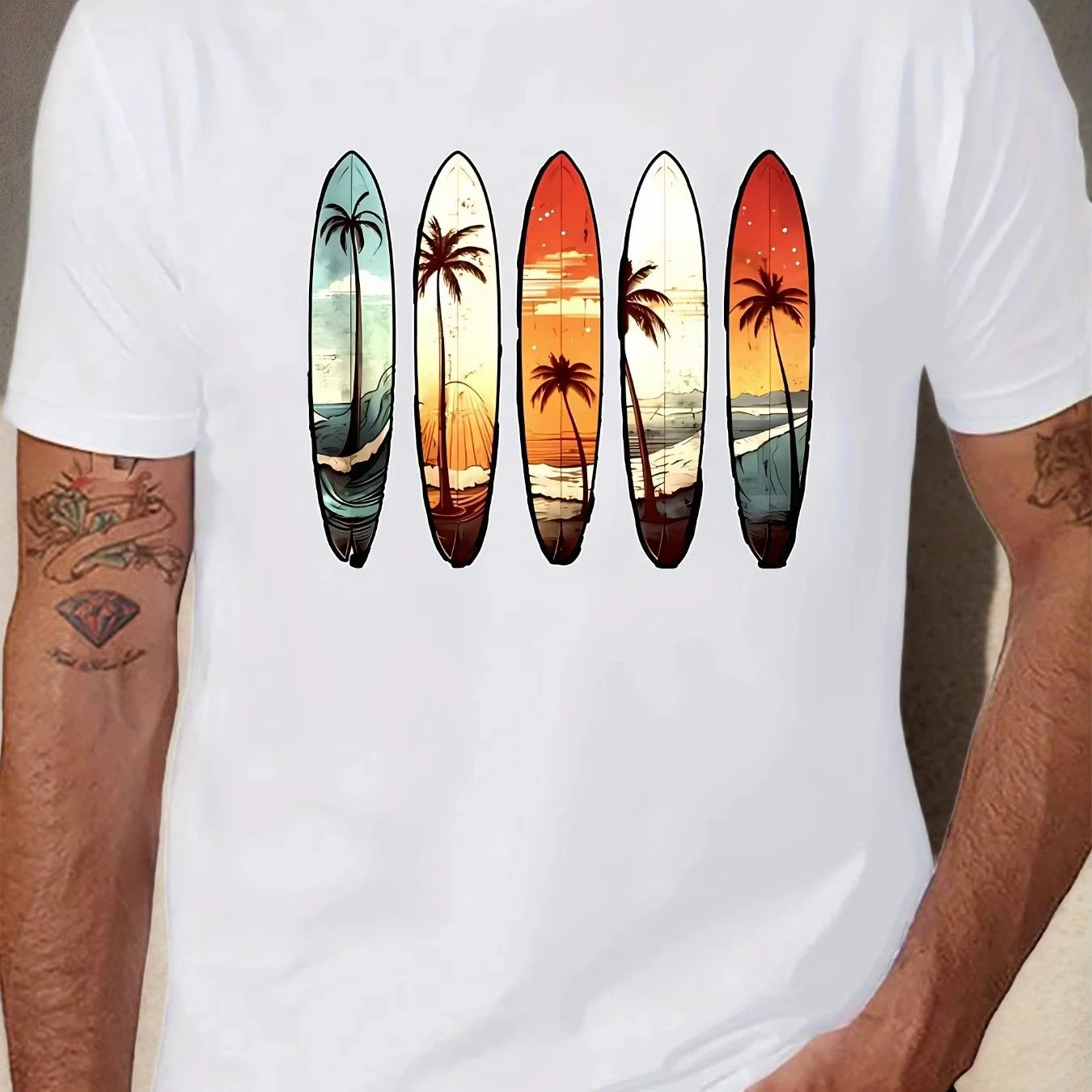 Men's Summer Beach Surf Graphic Men T-Shirt Vibrant Red Surfboard Sunset Palm Tree Design Casual Short Sleeve Round Neck Tee