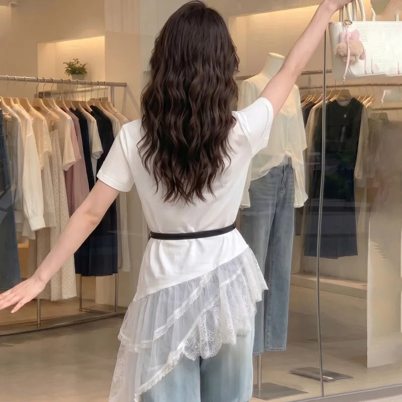 Girls T Shirt Summer 2026 Irregular Hem Lace Patchwork White Short Sleeve Tops Children Clothes Loose Minimalist Comfortable