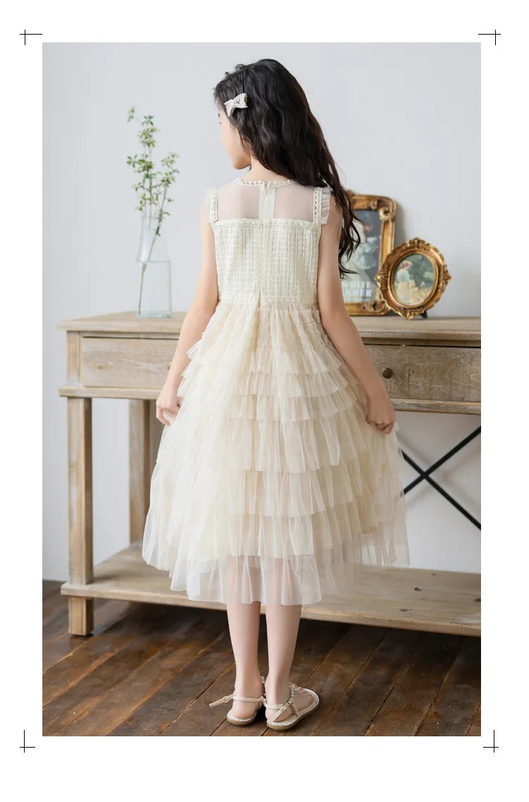 Tulle Tiered Dress for Girls 2026 New Summer Sleeveless Vest Princess Dress Daily Party Holiday Beige Teenage Children Clothes