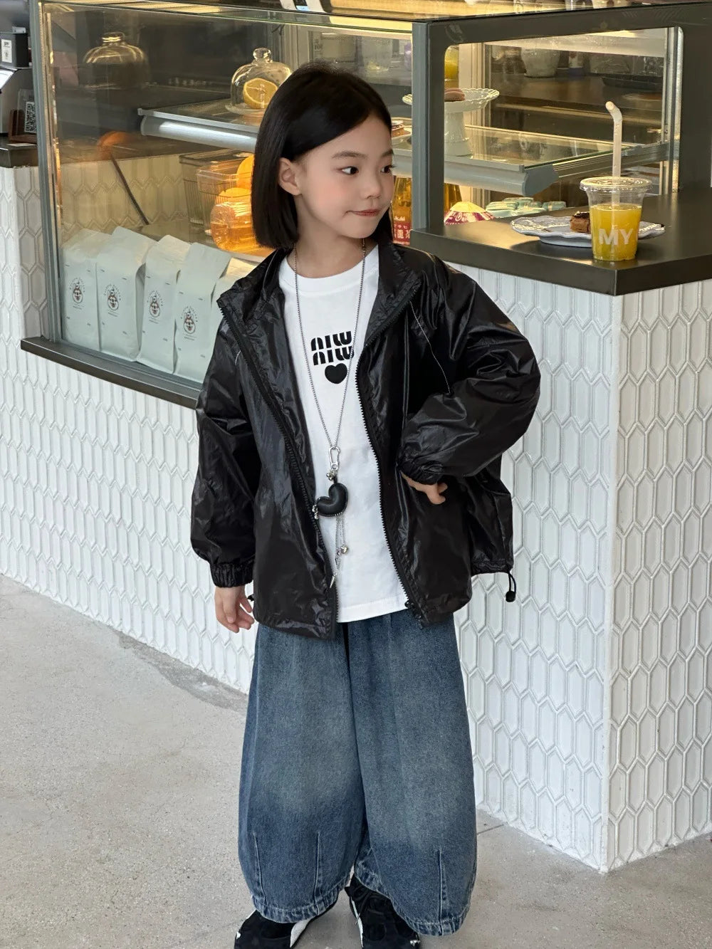 2025 Autumn New Girls Coat Children Korean Embroidered Letter Coat Girls Trendy Cool Turn-down Collar Jacket Trendy
