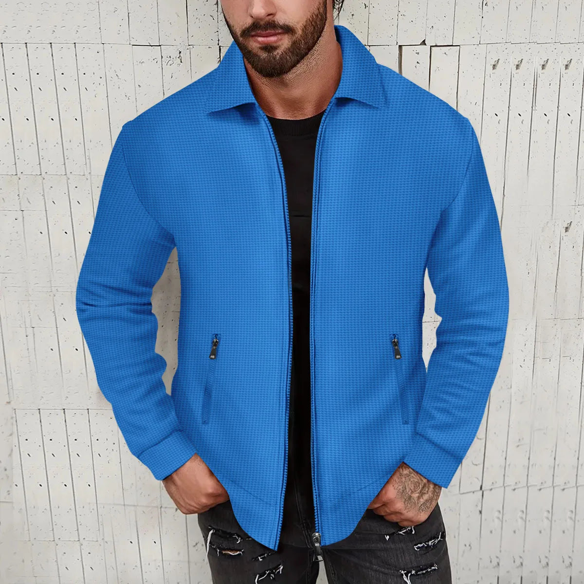 Teen Boys New Textured Waffle Zip Up Jacket Men's Casual Long Sleeve Coat With Zipper Pockets