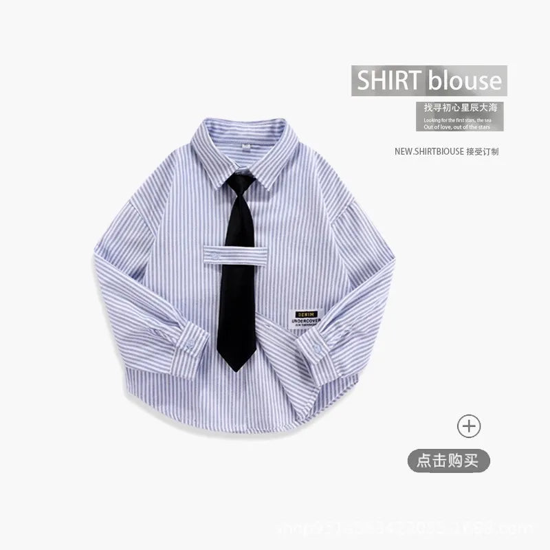 Girls Boys Blouses Long Sleeved Shirts Teens England Style Outerwear Kids Necktie Jacket 2024 Spring Autumn Children's Clothing