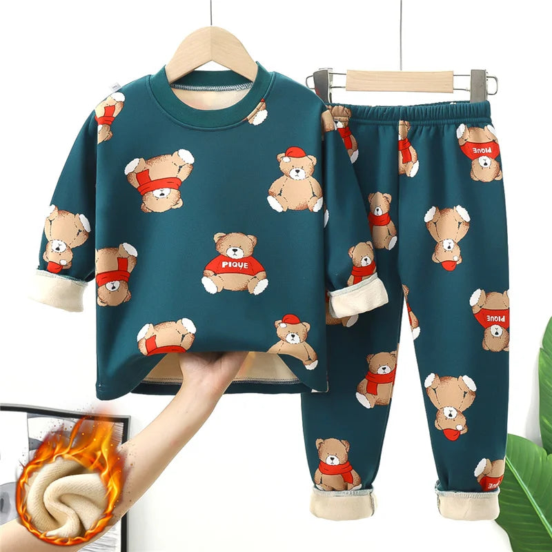 Girls Warm Pajama Clothing Sets Autumn Winter Kids Plus Velvets Suits Teen Boys Fashion Print Pullover+Pants 2Pcs Outfits 1-14 Y