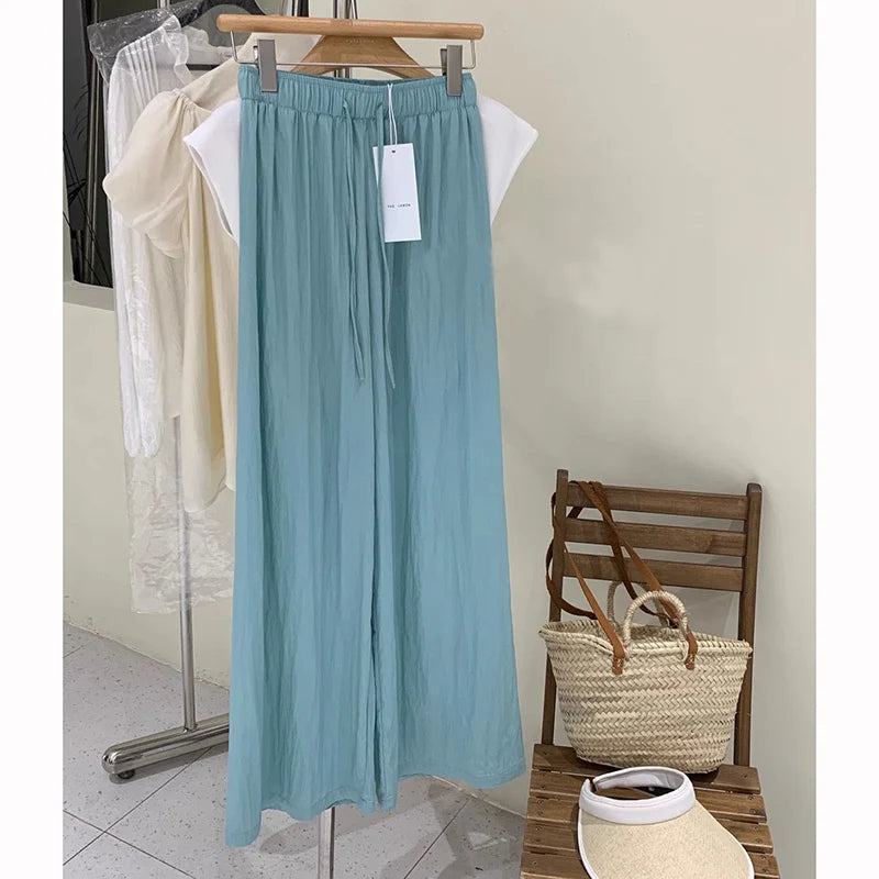 Girls High Waist Straight Leg Casual Pants Lady Drawstring Ice Silk Trousers Hot Sale Women Solid Loose Fit Pants