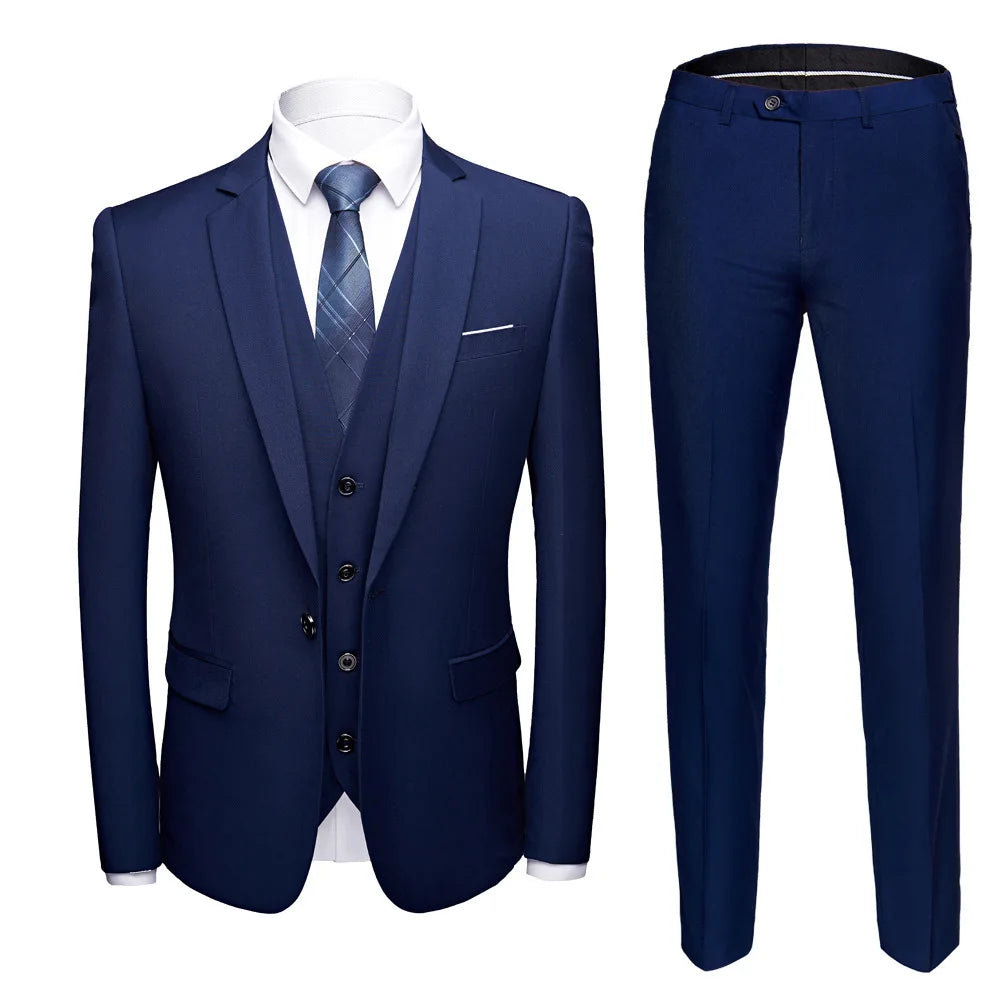 Man Suit Set Simple Solid Color Long Sleeve Male Outfit Single-breasted Slim Business Wedding Versatile Men Three-piece Suits