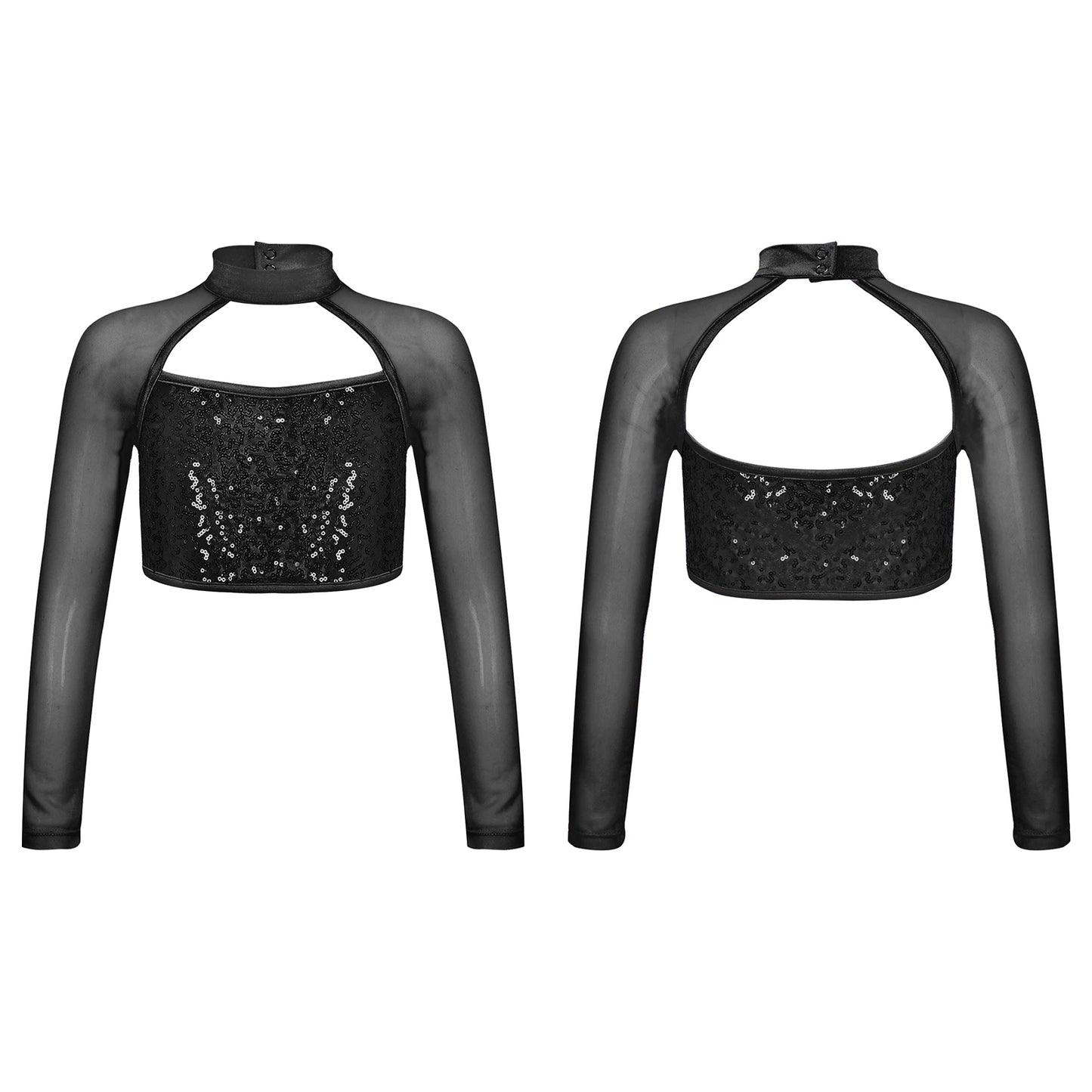 Teen Girls Hip Hop Jazz Street Dance Top Long Sleeve Shiny Sequin Mesh Crop T-shirt Yoga Sportswear Skating Gymnastics Dancewear