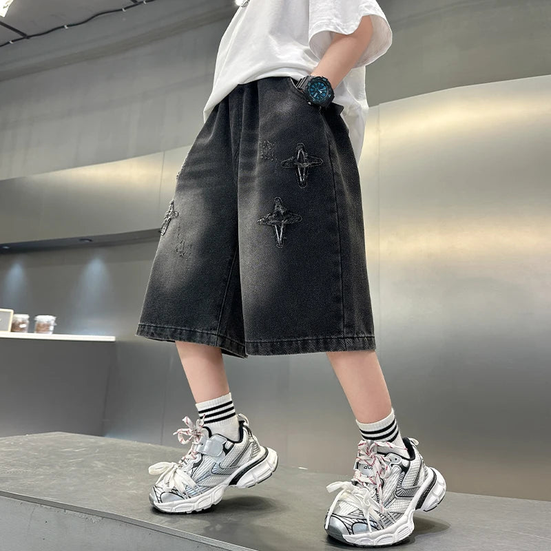 Boy Star Jeans 2025 Summer New Product Fashion Boys Denim Mid-Pants Children's Casual Cropped Pants 5-15 Years Old