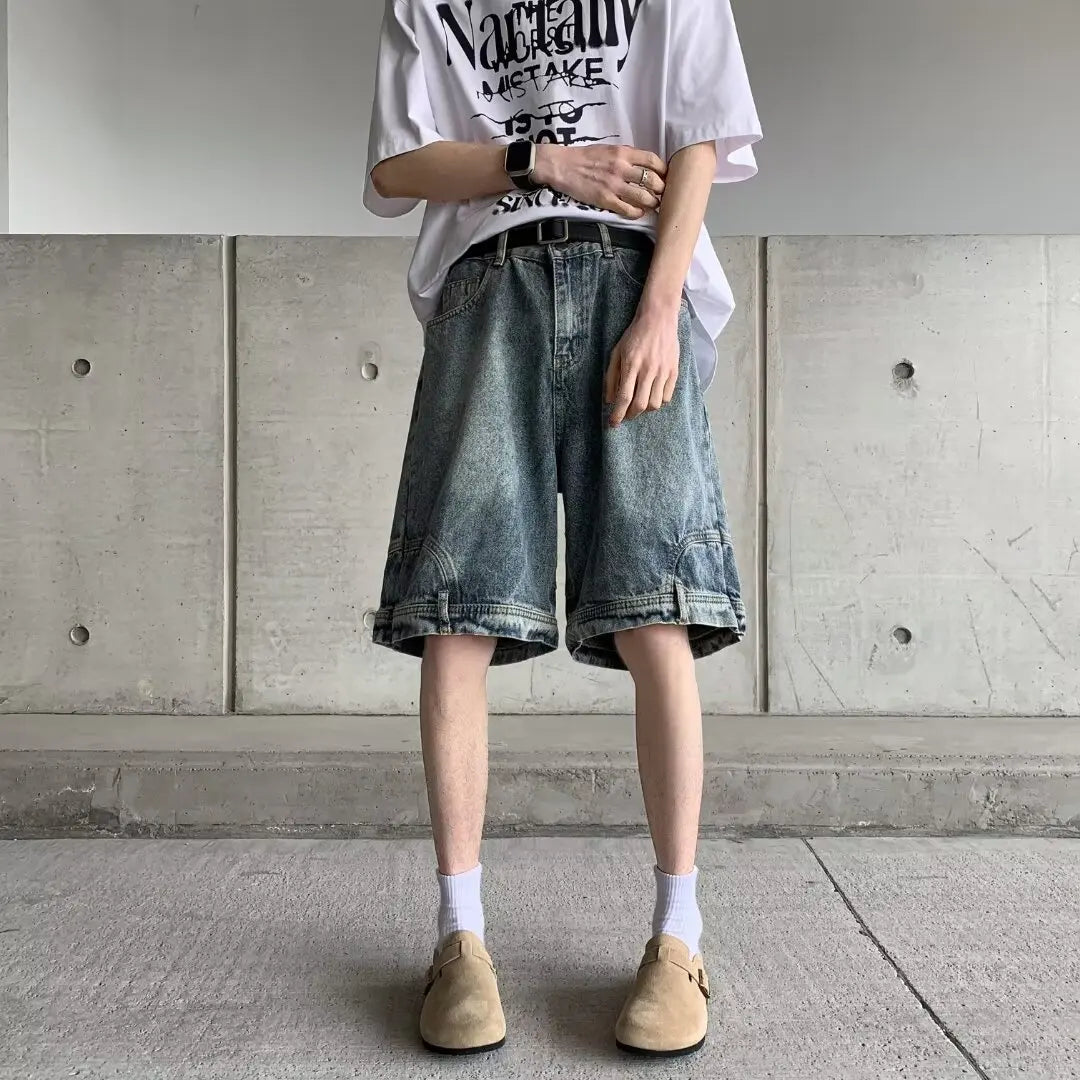Men's jeans summer thin American retro high street trendy brand five-point pants loose straight casual washed pants
