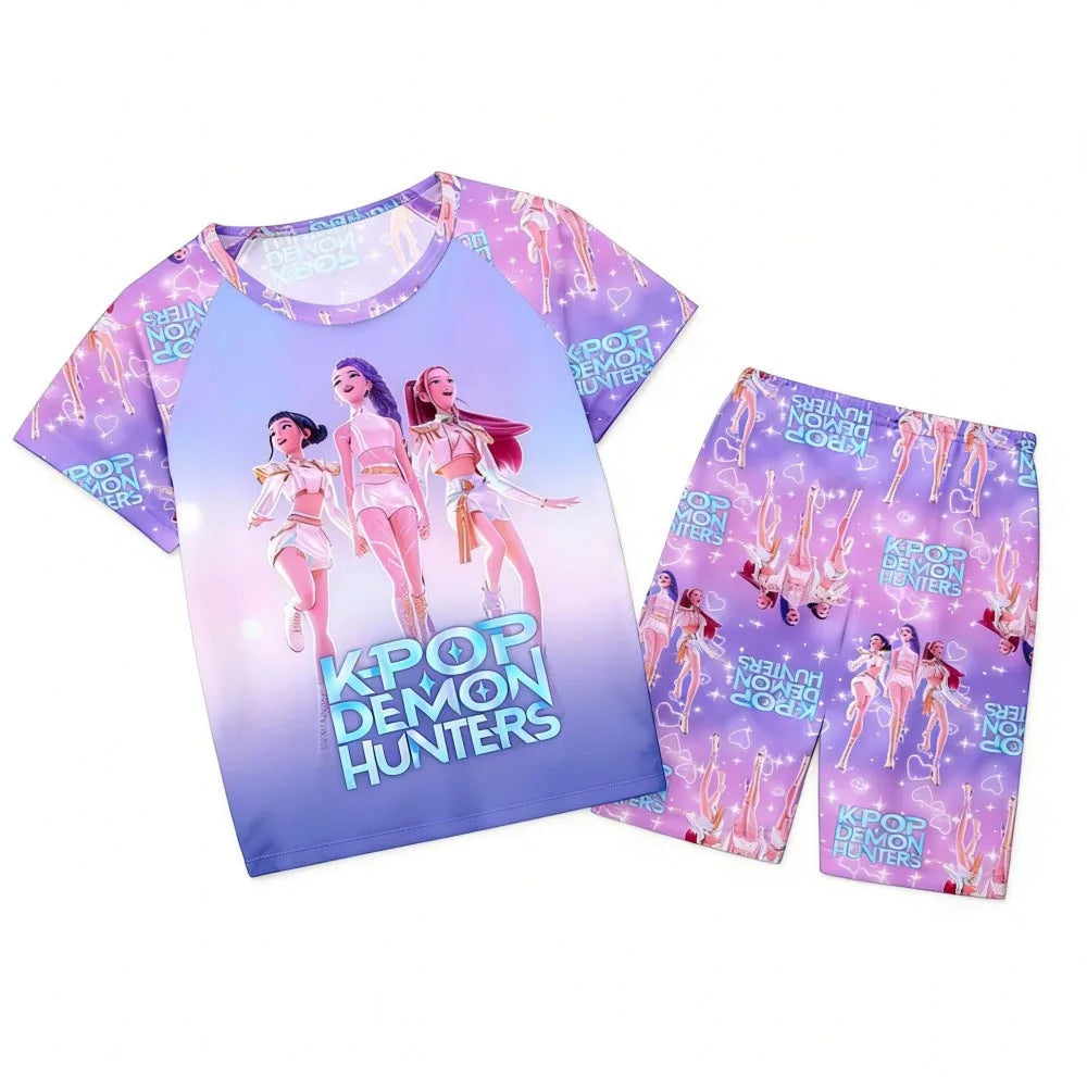 Girls Pajamas Sets Kids Toddler 3 to 8 10 11 12 Years Kpop Demon Hunters Summer Pjs Tops+Shorts Two Pieces Pijamas Sleepwear Set