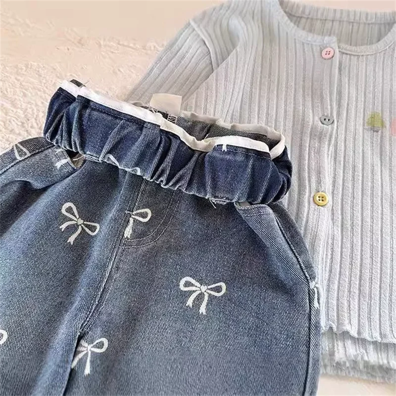 Girls Bow Wide Leg Jeans Autumn New Kids Loose Straight Denim Pants Toddler Casual Trousers Children Fashion Clothing 1-6Y