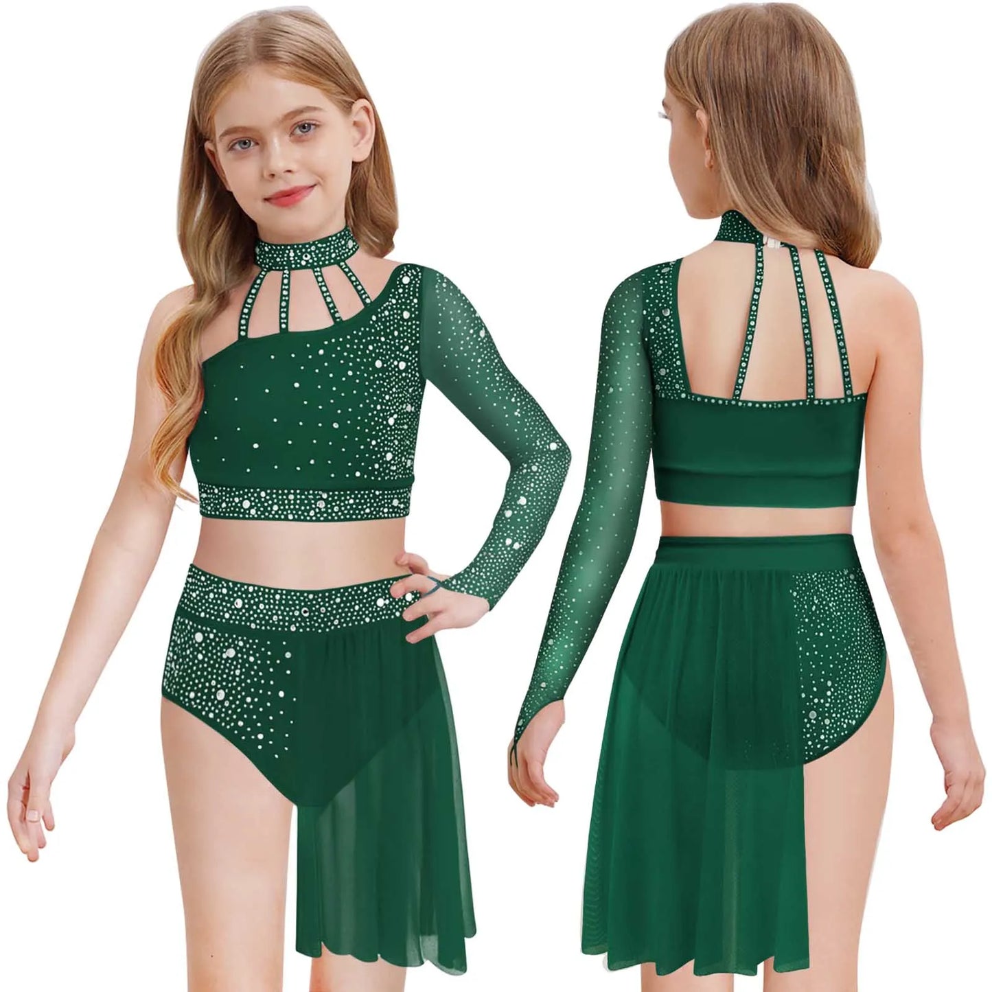 Girls Lyrical Dance Outfit One Shoulder Rhinestone Crop Top with Skirts Modern Contemporary Ballet Gymnastics Skating Dancewear