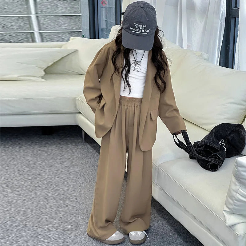 Spring Autumn Girls Blazer Suits Clothing Set Kids Jackets+Pants Fashion Loose Teenage Casual Outfits 4-14 child Casual Costumes