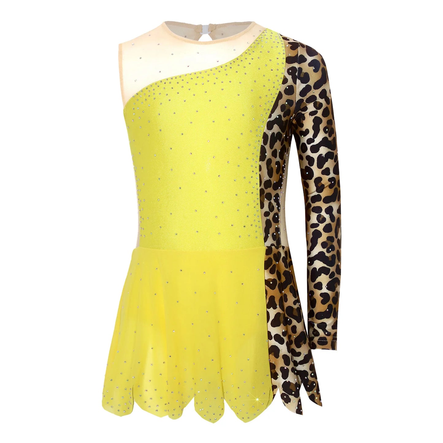 Teens Girls Lyrical Dance Dress Skating Rhythmic Gymnastics Costume Contrast Color Asymmetrical Split Rhinestones Leotard Dress