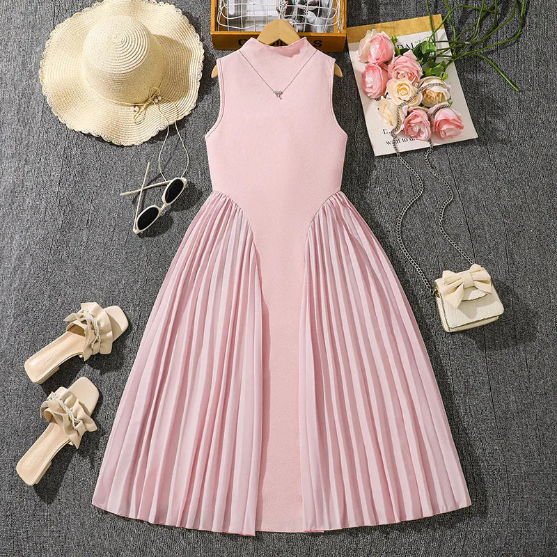 Summer New Teen Girls Dress Solid Color Patchwork Sleeveless A-Line Dress For 8-12 Years Girls Daily Casual Elegant Dance Dress