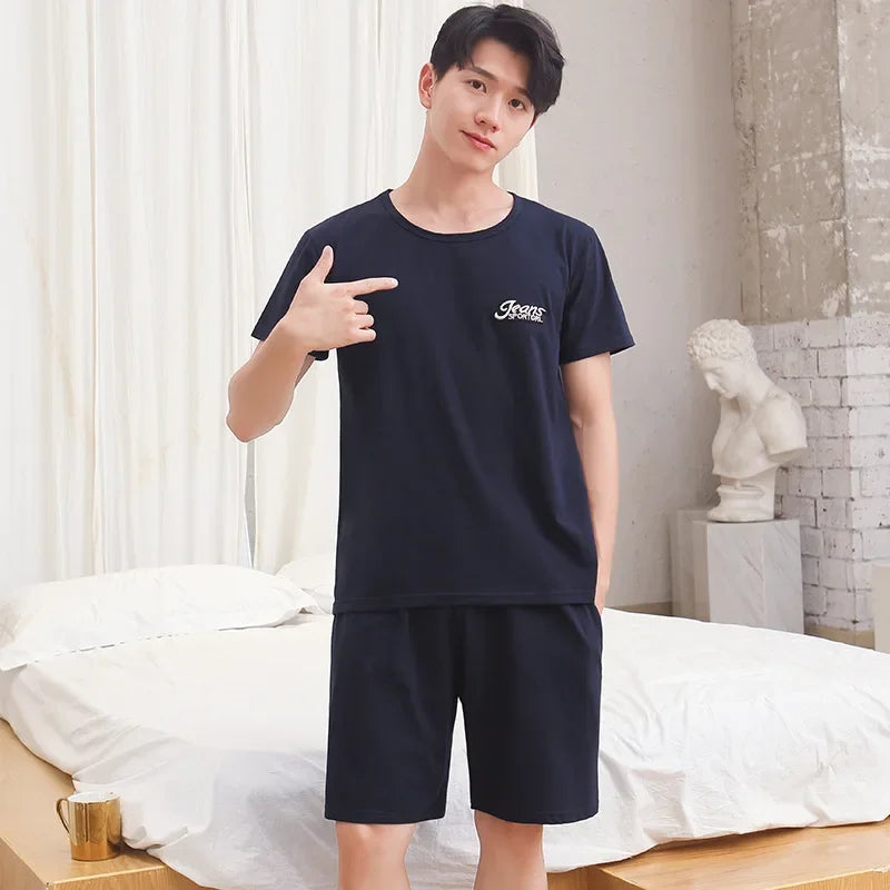 Men Pajama Set Cotton Short Sleeve Shorts Casual Striped Nightwear Loungewear Two-Piece Set Plus Size Summer Man Sleepwear