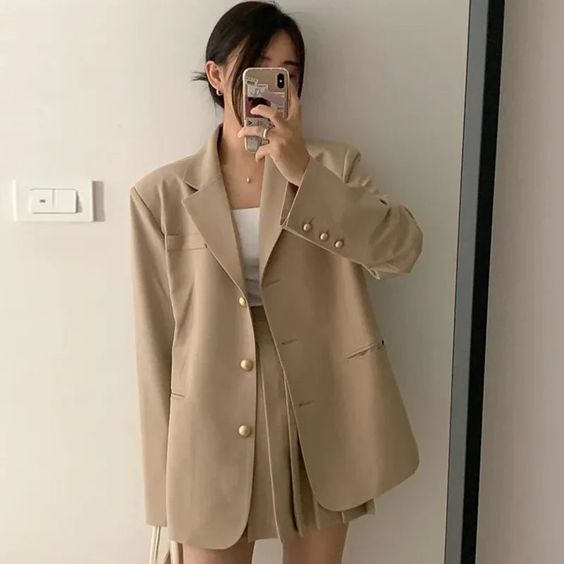 Women Clothes Outfit Suits Casual Single Breasted Loose Coat Blazer Suit And High Waist Pleated Mini Short Skirt 2 Piece Set New