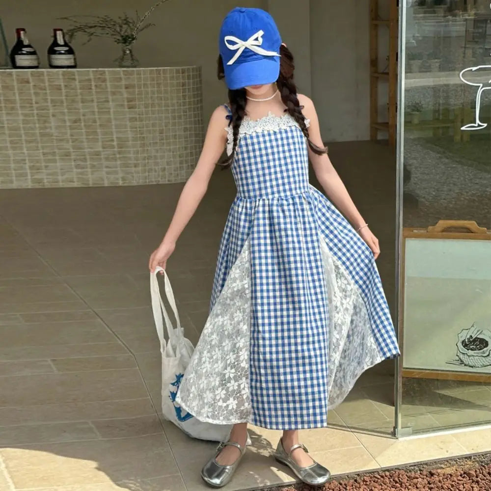 Fashion Plaid Girl Princess Dress Loose Lace Mesh Teens Sling Dress Sweet Skirt Children Sleeveless Dresses Summer