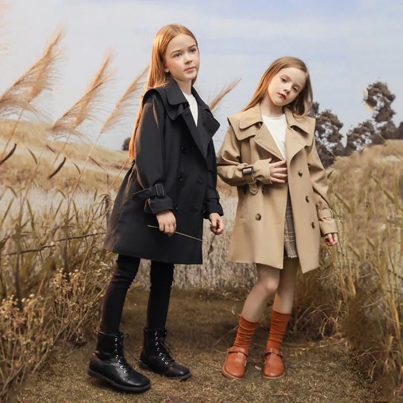 3-14 years Spring Autumn Girls Windbreaker Trench Coat Windproof Children Kid's Mid-Length Jacket Coat Baby Teenagers Overcoat