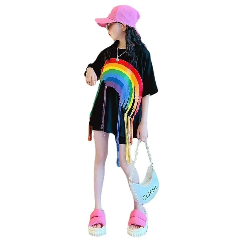 2025 New Girls' Summer T-shirt Fashion Hip Hop Street Dance Style Rainbow Braid Girls Wear Mid length Style in Summer