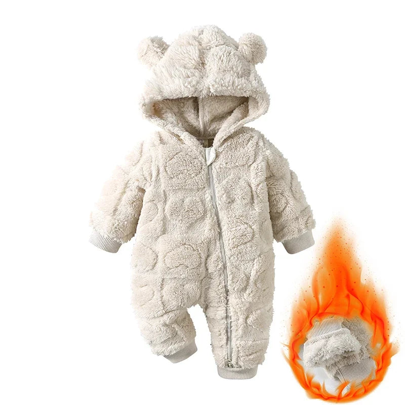 Cartoon Baby Clothes Boy Romper Long Sleeve Arctic Velvet Hooded Baby Girl Romper Winter Warm Newborn Clothes 0-18 Months