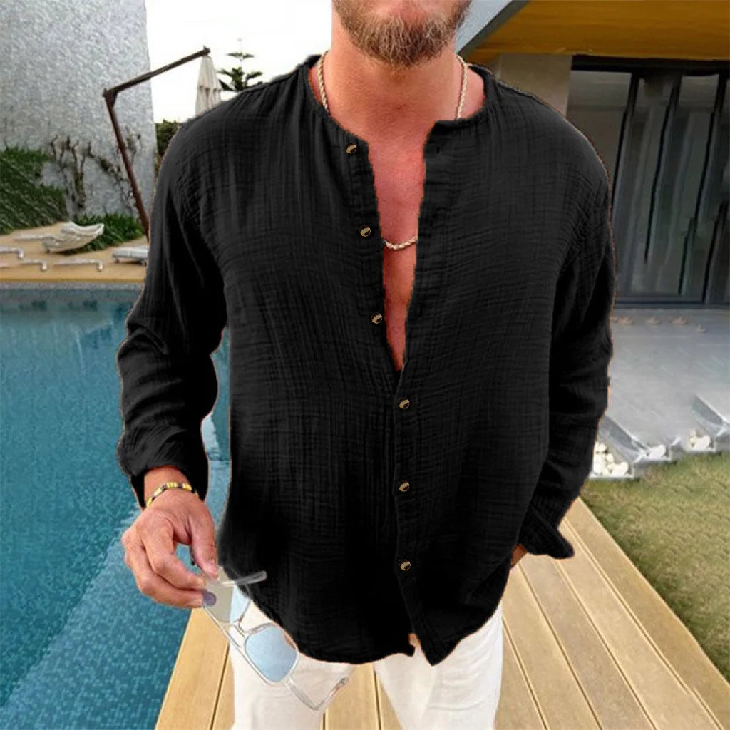2026 Men's Shirts Spring Summer New Beachwear Button-up Stand Collar Casual Shirts Solid Breathable Long Sleeve Hawaiian Blouses