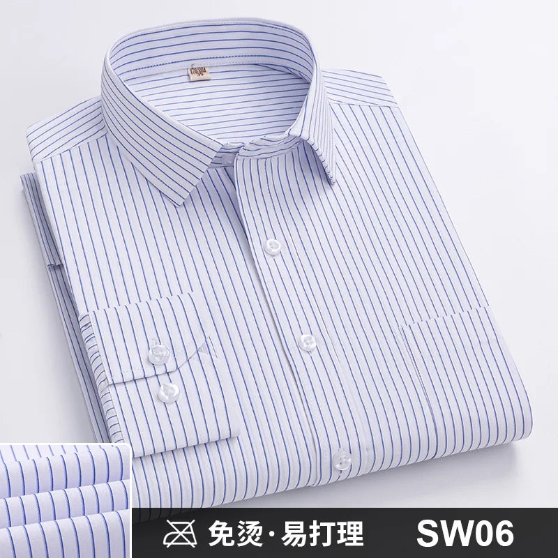 Men's Formal Shirt Long Sleeve Solid Color Striped Pocket Fashion Business Office Professional Wear Social White Shirt