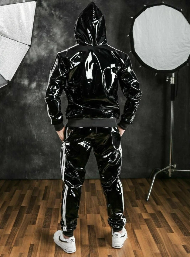Men's PU Leather Hoodie Suit Casual Sportswear Hooded Jogging Suit Sportswear Men Outfit Set Juicy Tracksuit