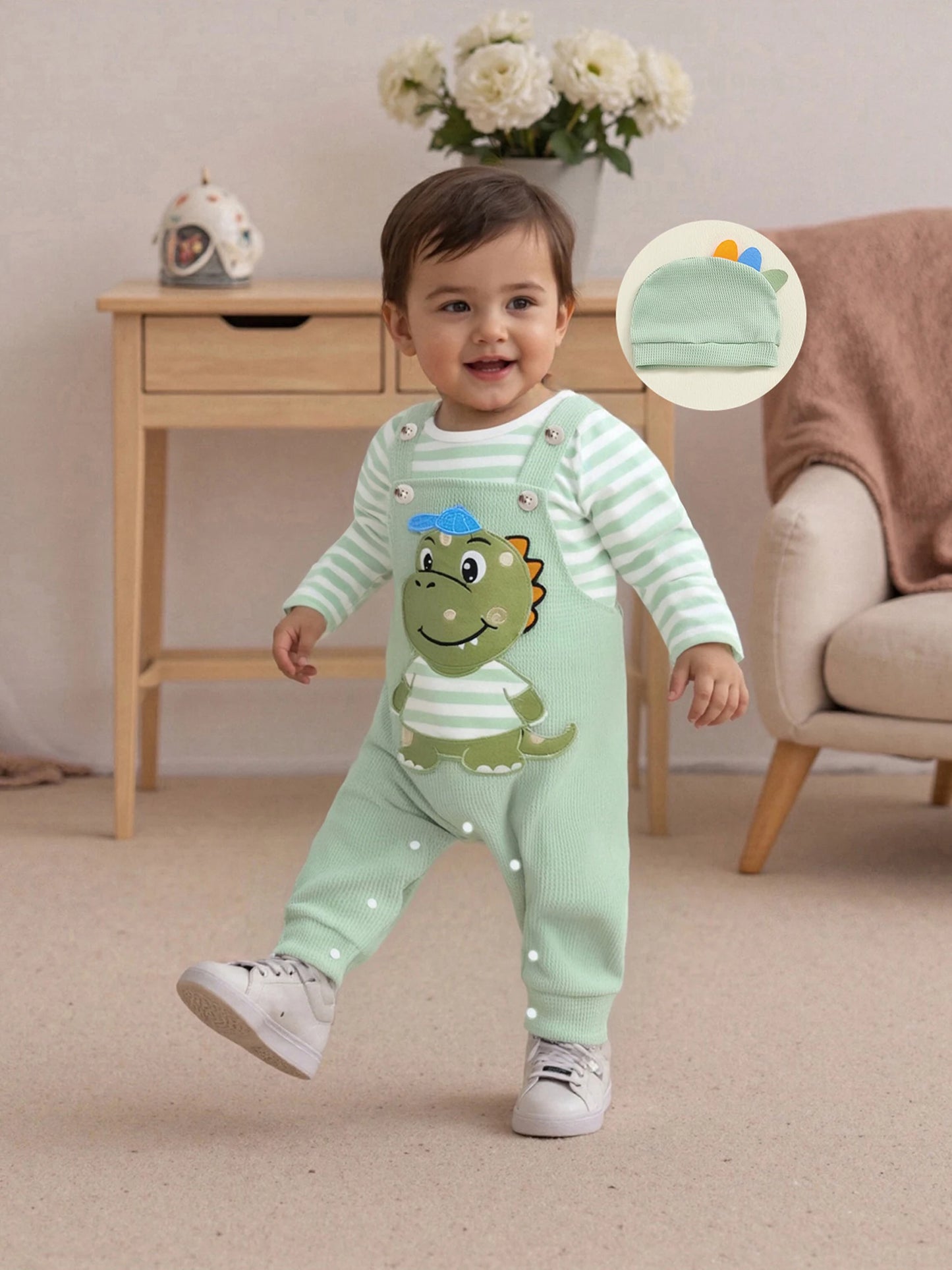 Infant Newborn Baby Boys 3Pcs Outfit Cute Baby Clothes Long Sleeve Striped Romper Animal Embroidery Overalls Hat